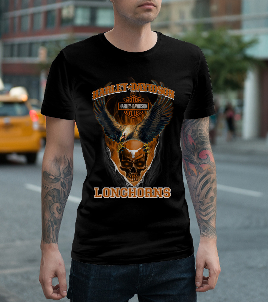 Harley Davidson Motorcycles Longhorns Eagle Skull T-Shirt