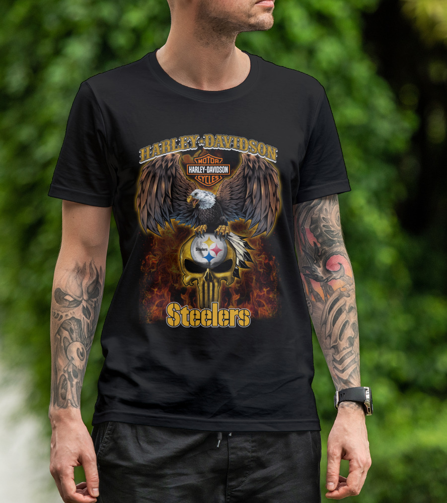 Harley Davidson Motor Cycles Steelers Eagle Skull Flames T-Shirt