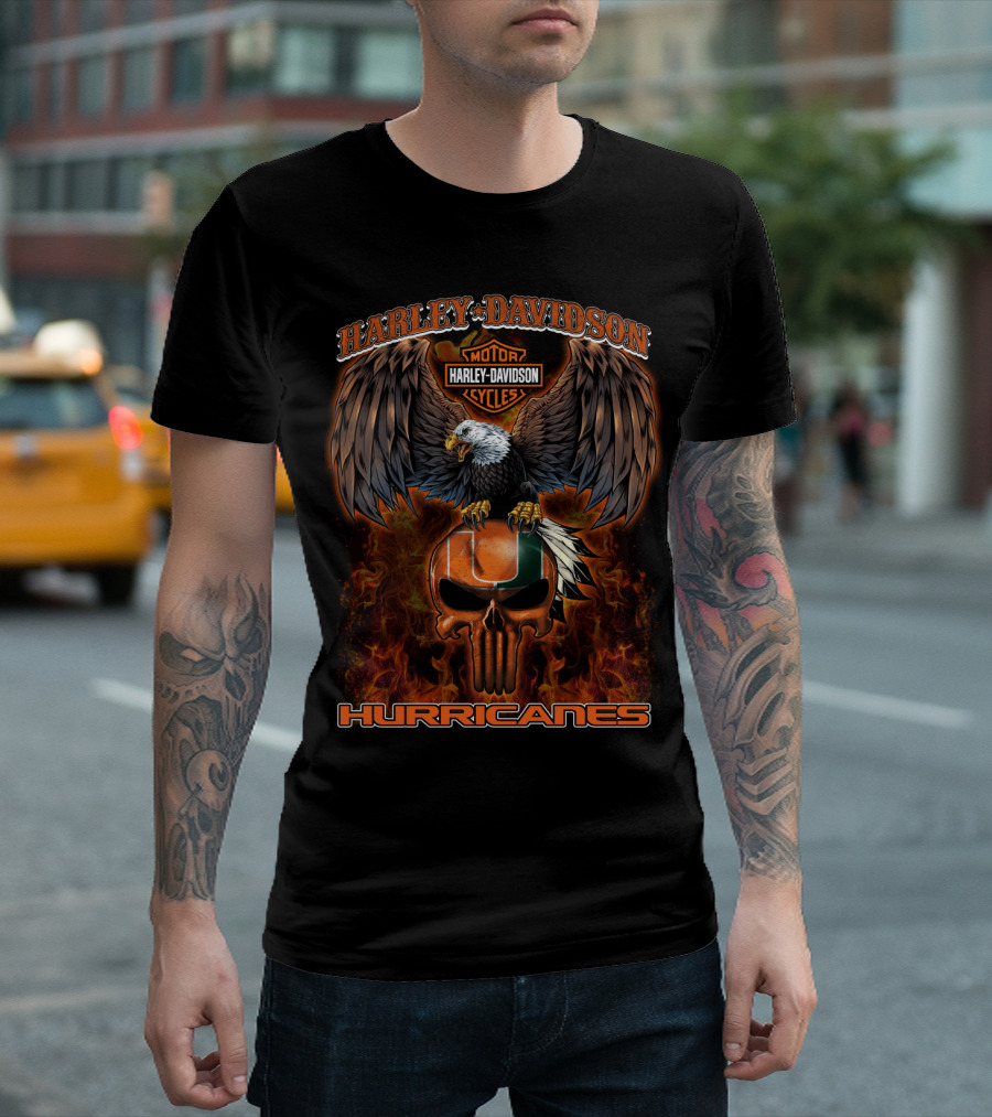 Harley Davidson Motor Cycles Miami Hurricanes Eagle Skull Flame T-Shirt