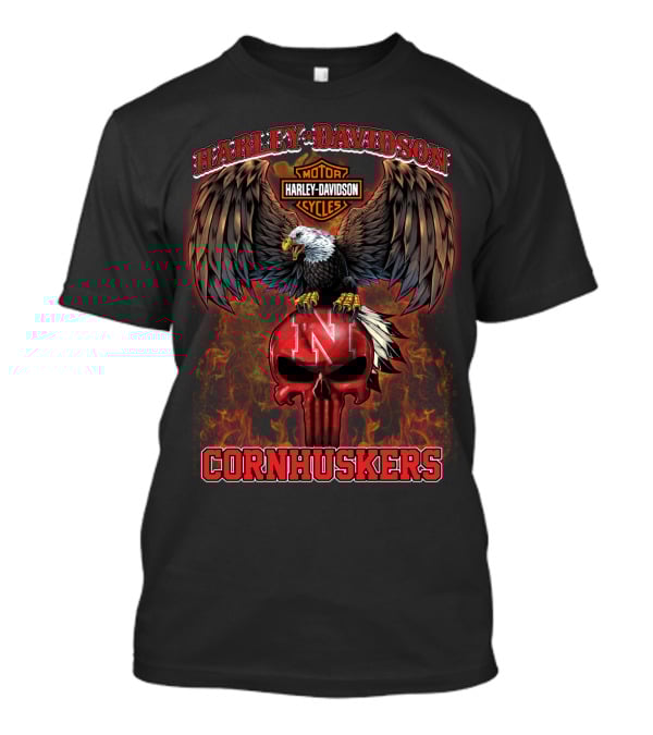 Harley Davidson Eagle Nebraska Cornhuskers Skull Flame T-Shirt