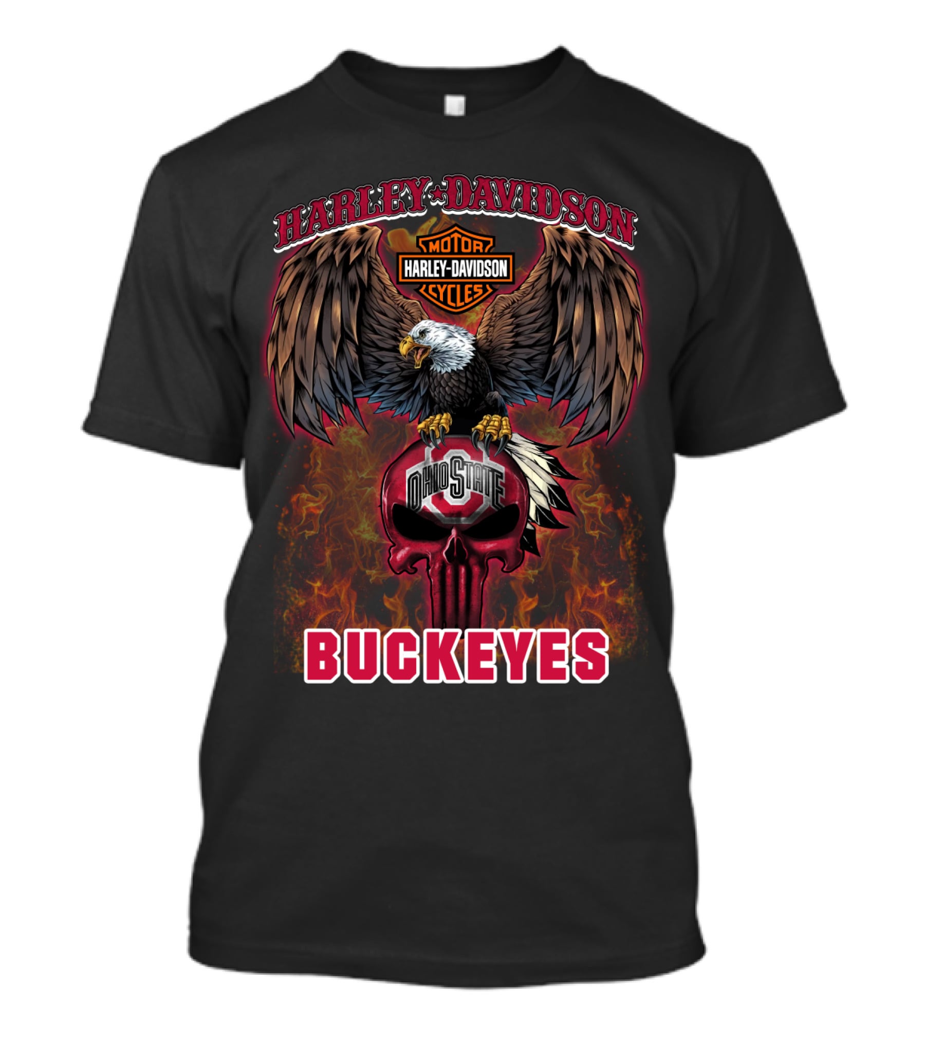 Harley Davidson Ohio State Buckeyes Skull Eagle Flames T-Shirt