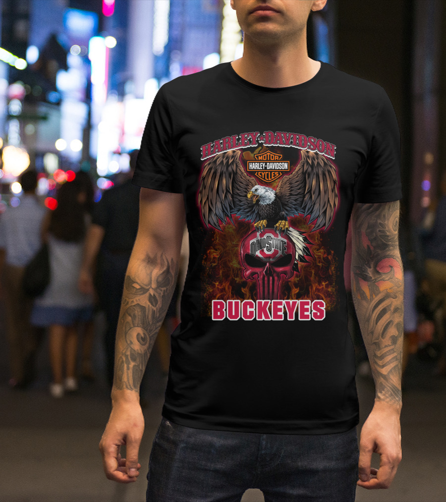 Harley Davidson Ohio State Buckeyes Skull Eagle Flames T-Shirt