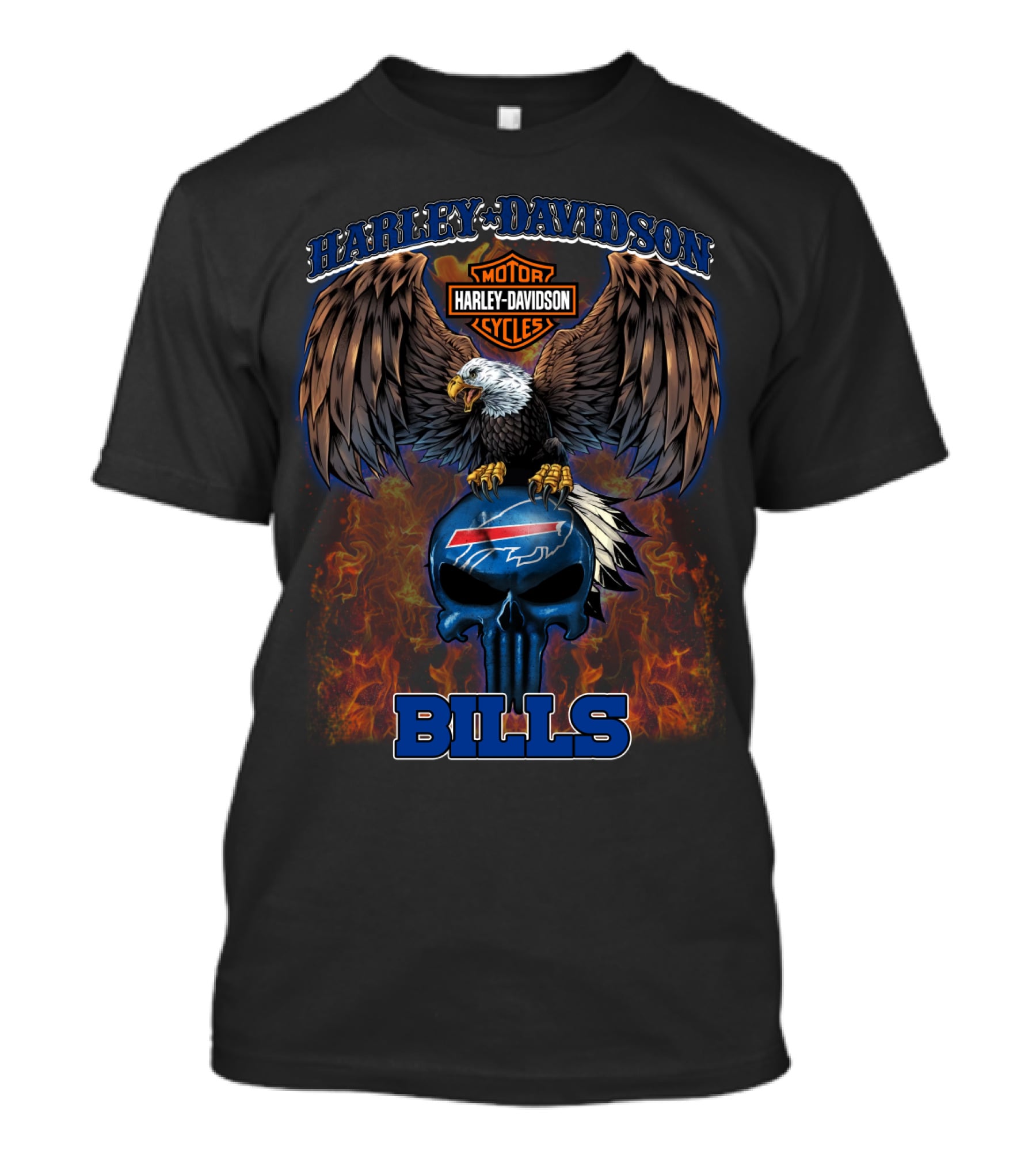 Harley Davidson Motor Cycles Buffalo Bills Eagle Skull Flames T-Shirt