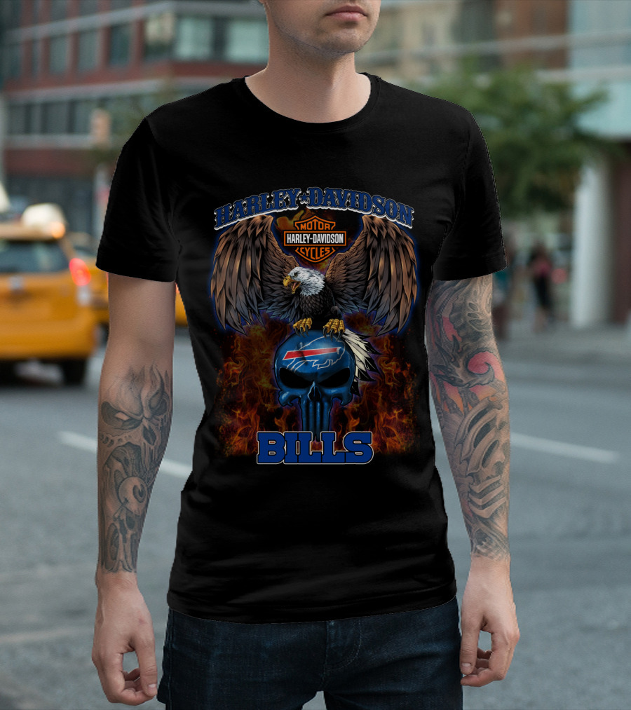 Harley Davidson Motor Cycles Buffalo Bills Eagle Skull Flames T-Shirt