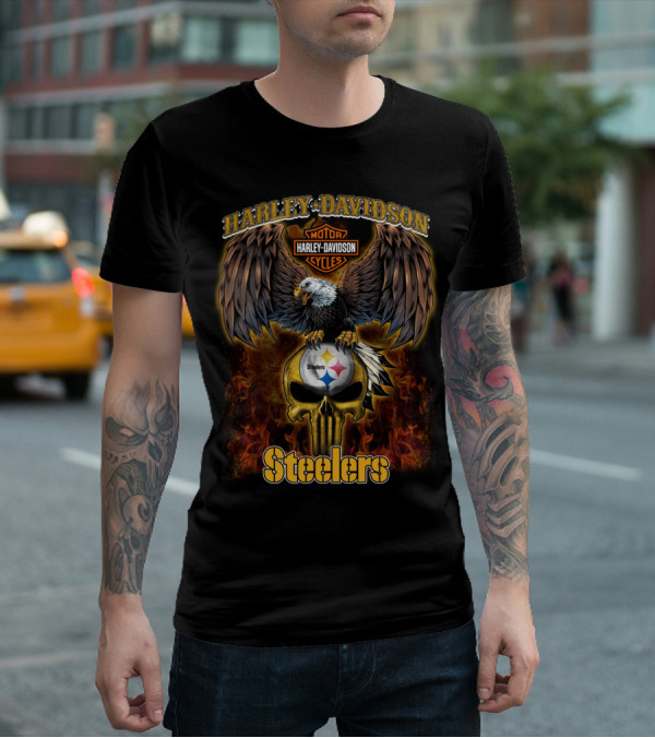 Harley Davidson Eagles Steelers Skull Fire T-Shirt