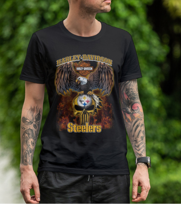 Harley Davidson Eagles Steelers Skull Fire T-Shirt