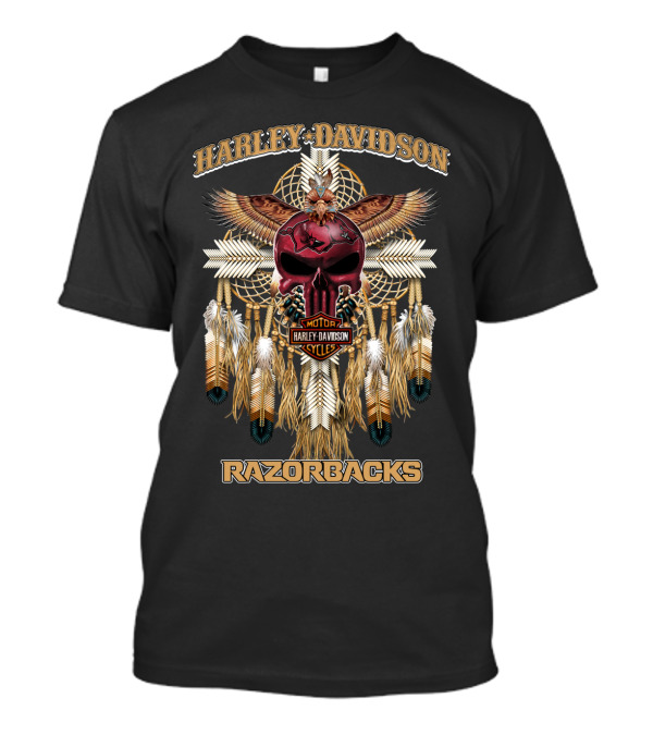 Harley Davidson Razorbacks Native Skull Feathers Dreamcatcher T-Shirt