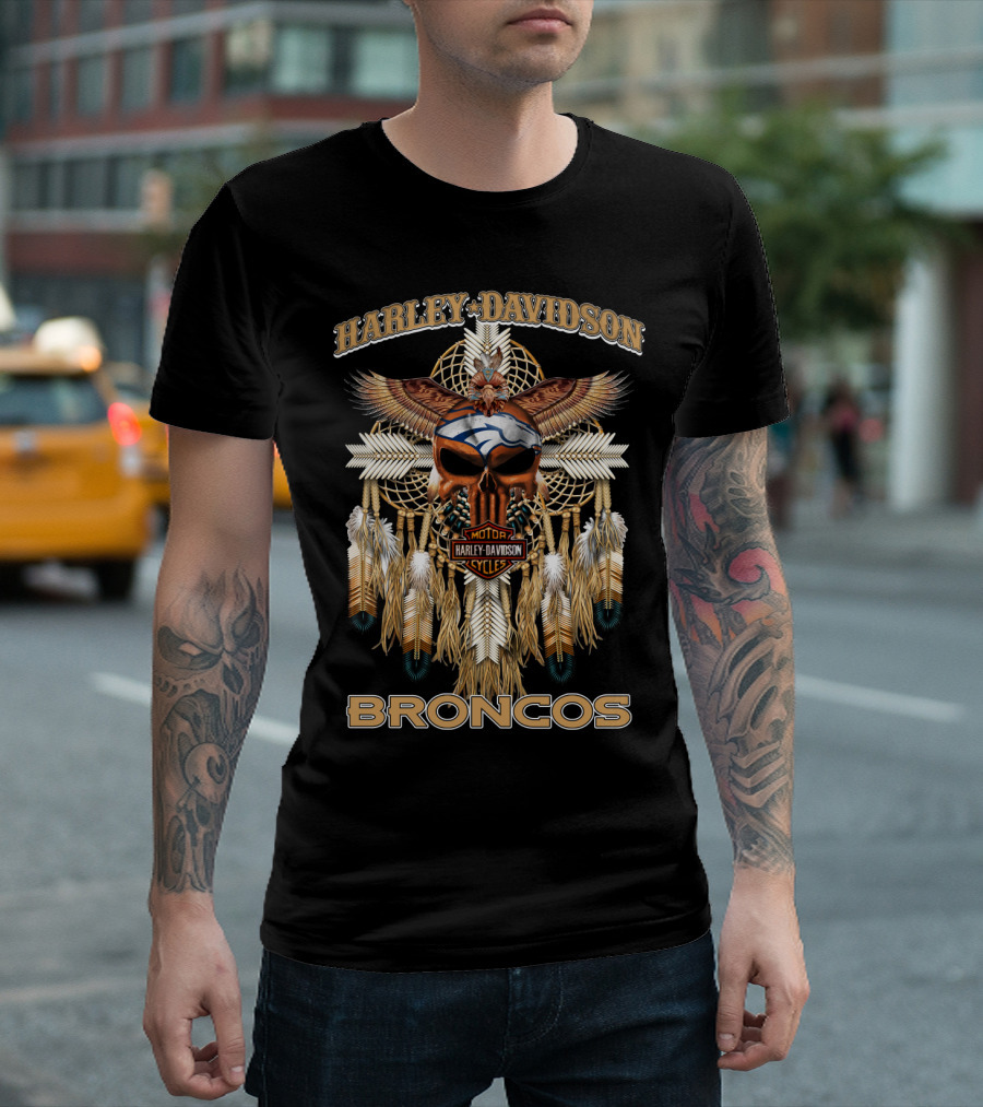 Harley Davidson Denver Broncos Feather And Skull T-Shirt