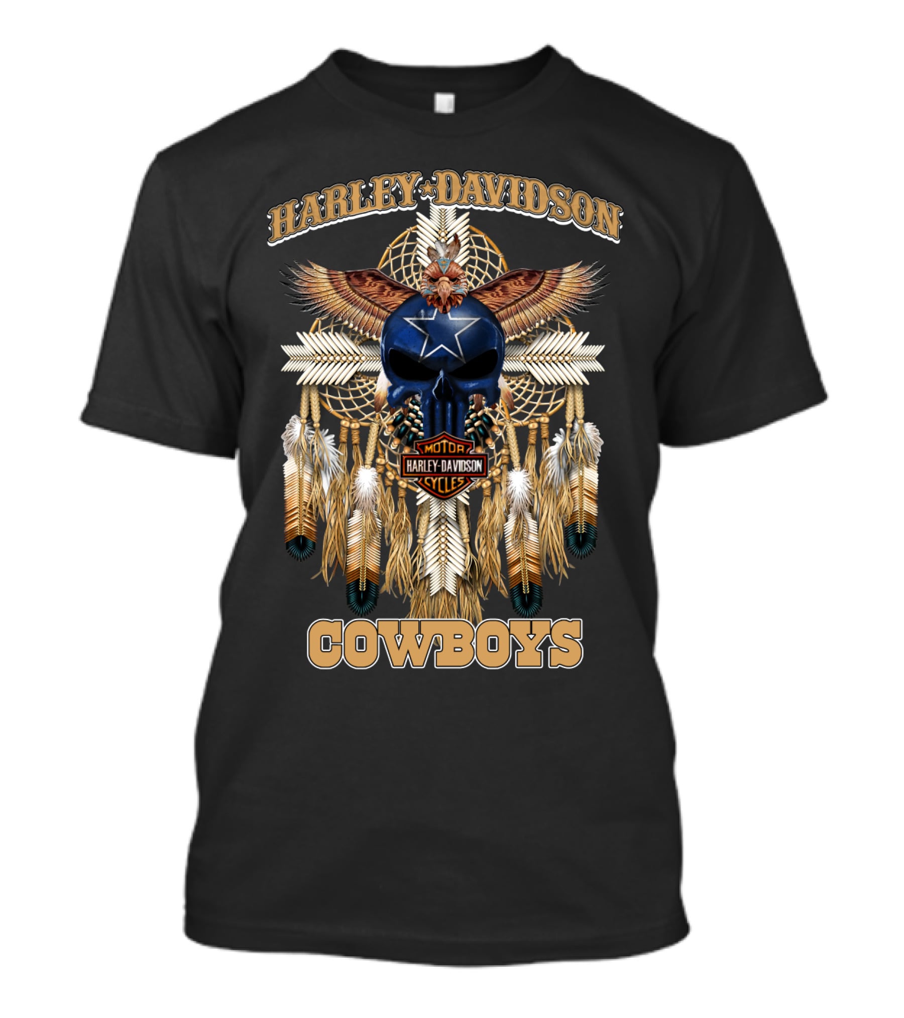 Harley Davidson Motor Cycles Cowboys Dreamcatcher Feathers Eagle Skull Star T-Shirt