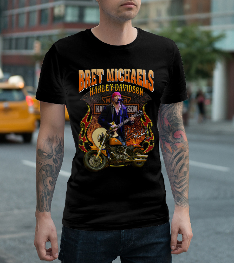Bret Michaels Harley Davidson Motorcycle Concert Performance Signature T-Shirt