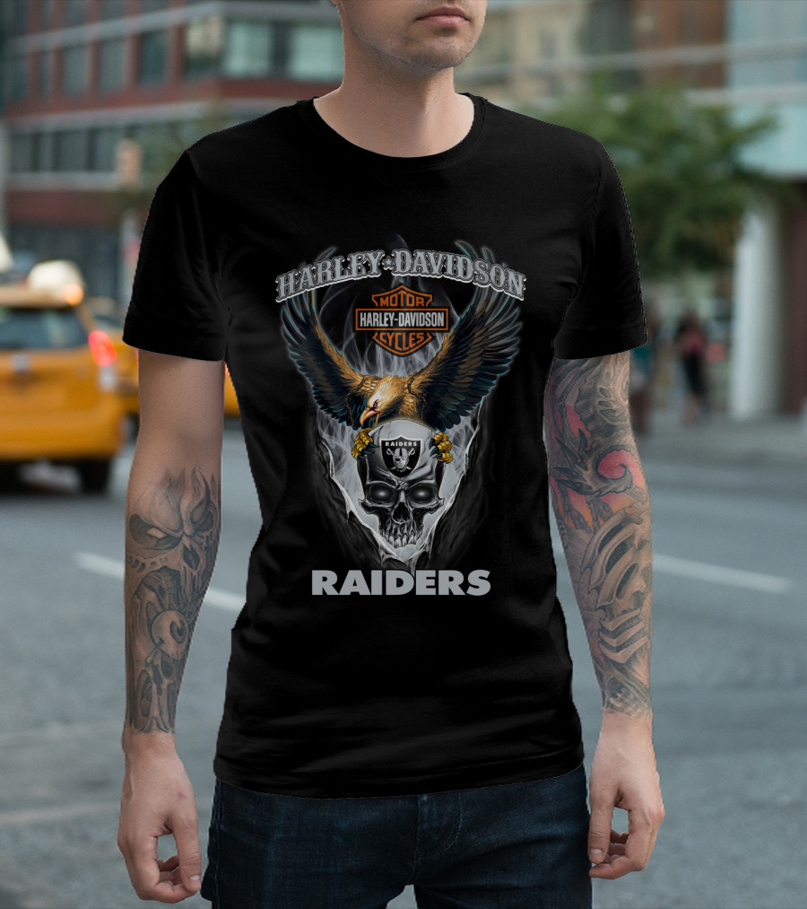 Harley Davidson Motor Cycles Raiders Skull Eagle T-Shirt