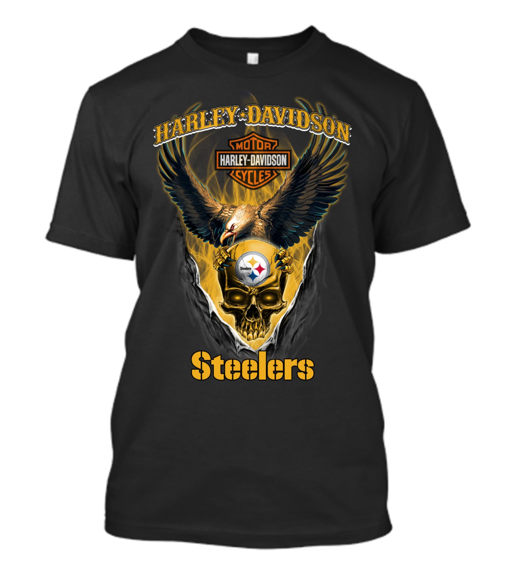 Harley Davidson Motor Cycles Steelers Skull Eagle Patch T-Shirt