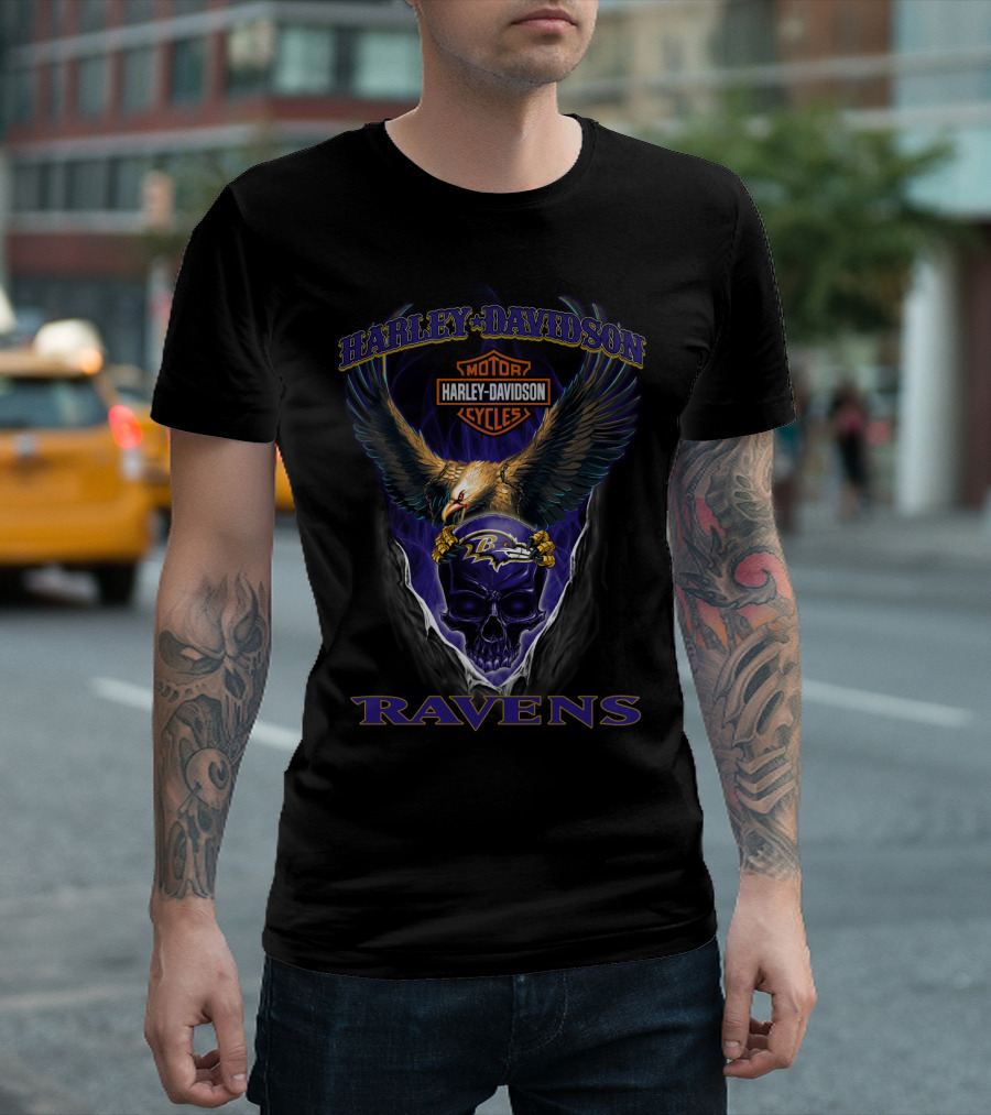 Harley Davidson Ravens Eagle Skull Baltimore Ravens T-Shirt