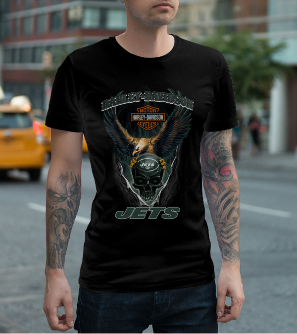Harley Davidson Motor Cycles New York Jets Eagle Skull T-Shirt