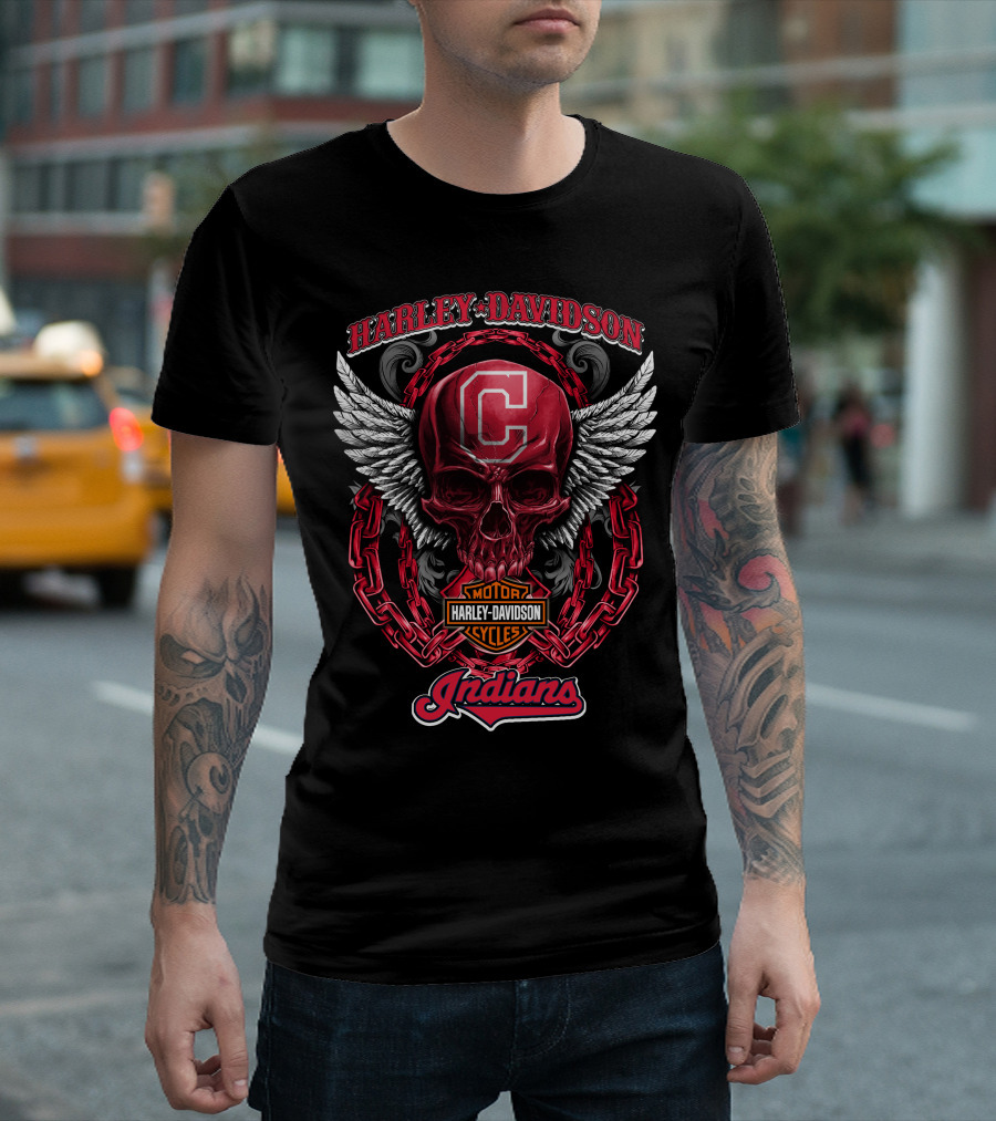 Harley Davidson Cleveland Indians Motorcycles Skull And Wings T-Shirt