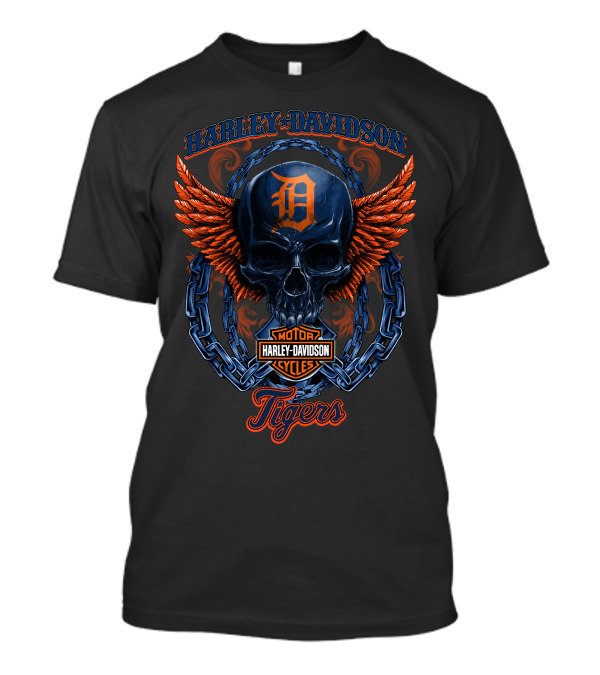 Harley Davidson Motorcycles Detroit Tigers Skull Wings T-Shirt