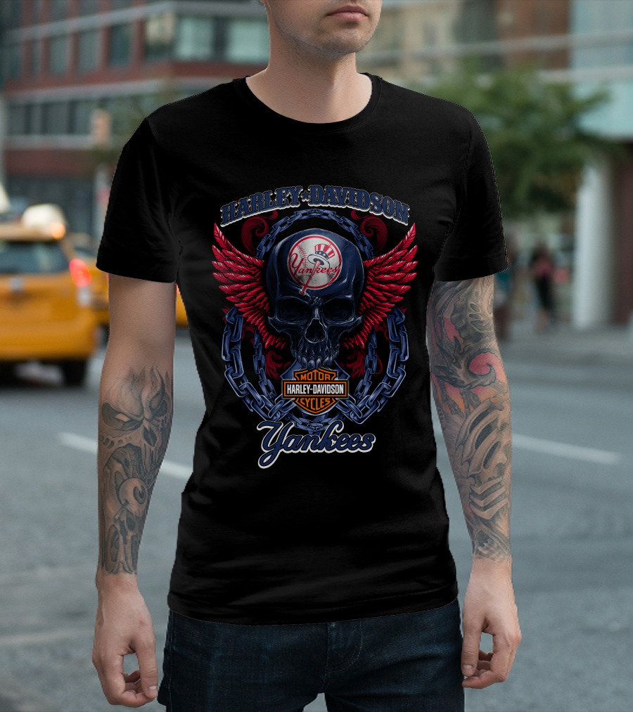 Harley Davidson Yankees Skull With Wings And Chains T-Shirt