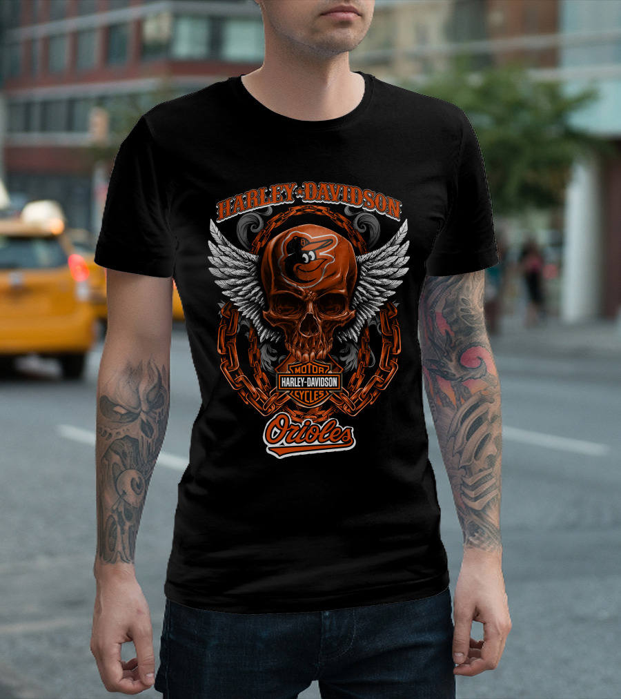 Harley Davidson Wings Skull With Baltimore Orioles Logo And Chain Elements T-Shirt