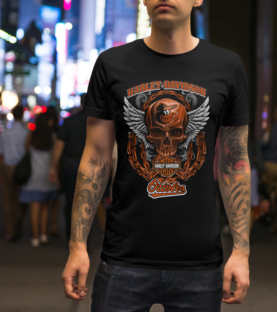 Harley Davidson Wings Skull With Baltimore Orioles Logo And Chain Elements T-Shirt