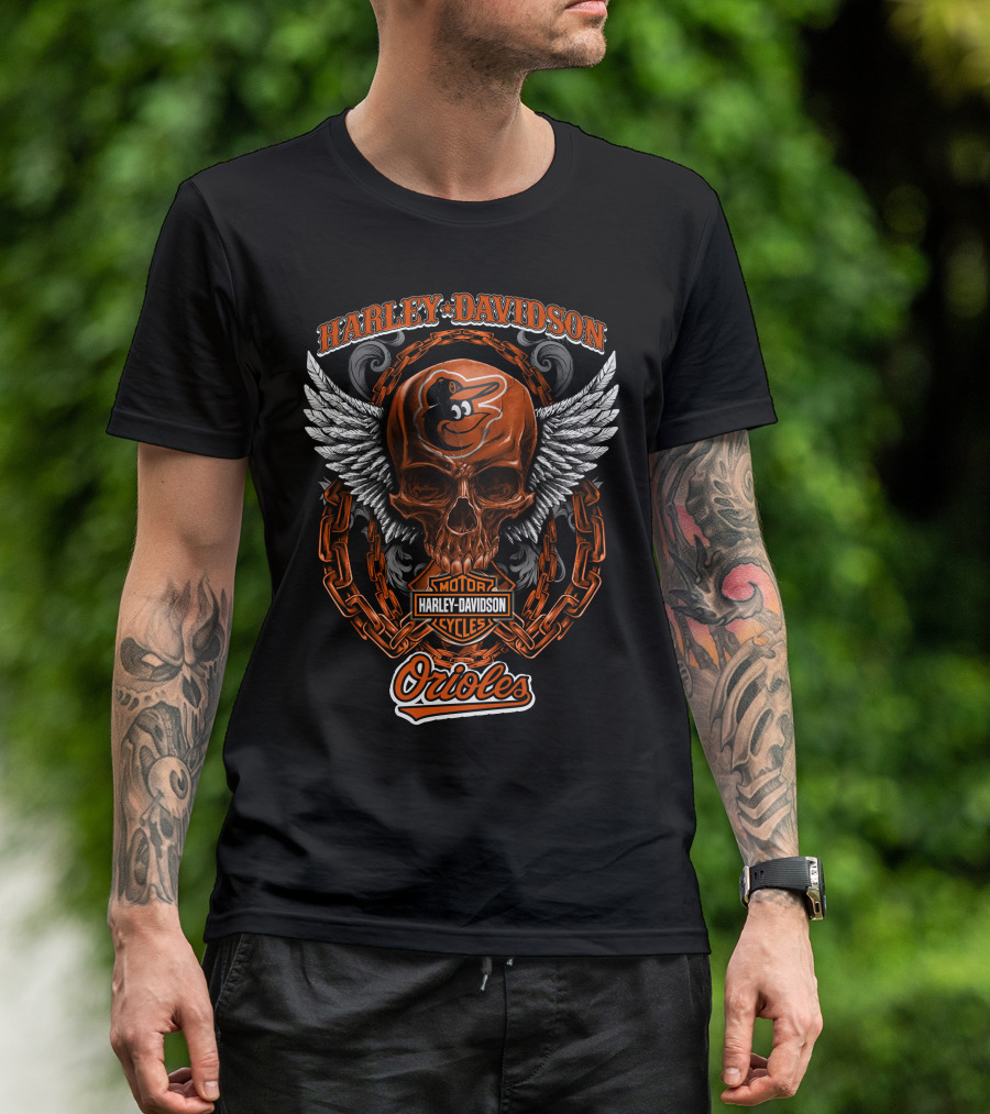Harley Davidson Wings Skull With Baltimore Orioles Logo And Chain Elements T-Shirt