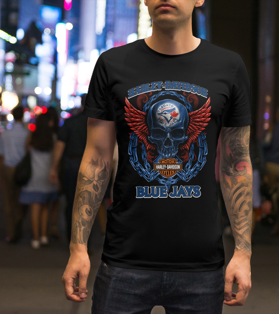 Harley Davidson Toronto Blue Jays Motor Cycles Skull Wings T-Shirt
