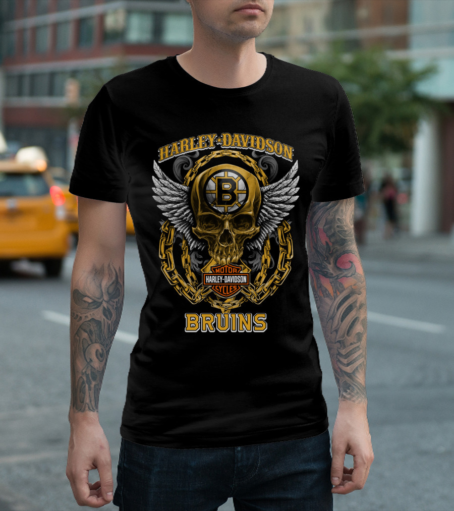 Harley Davidson Motorcycles Bruins Nhl Boston Bruins Skull Winged T-Shirt