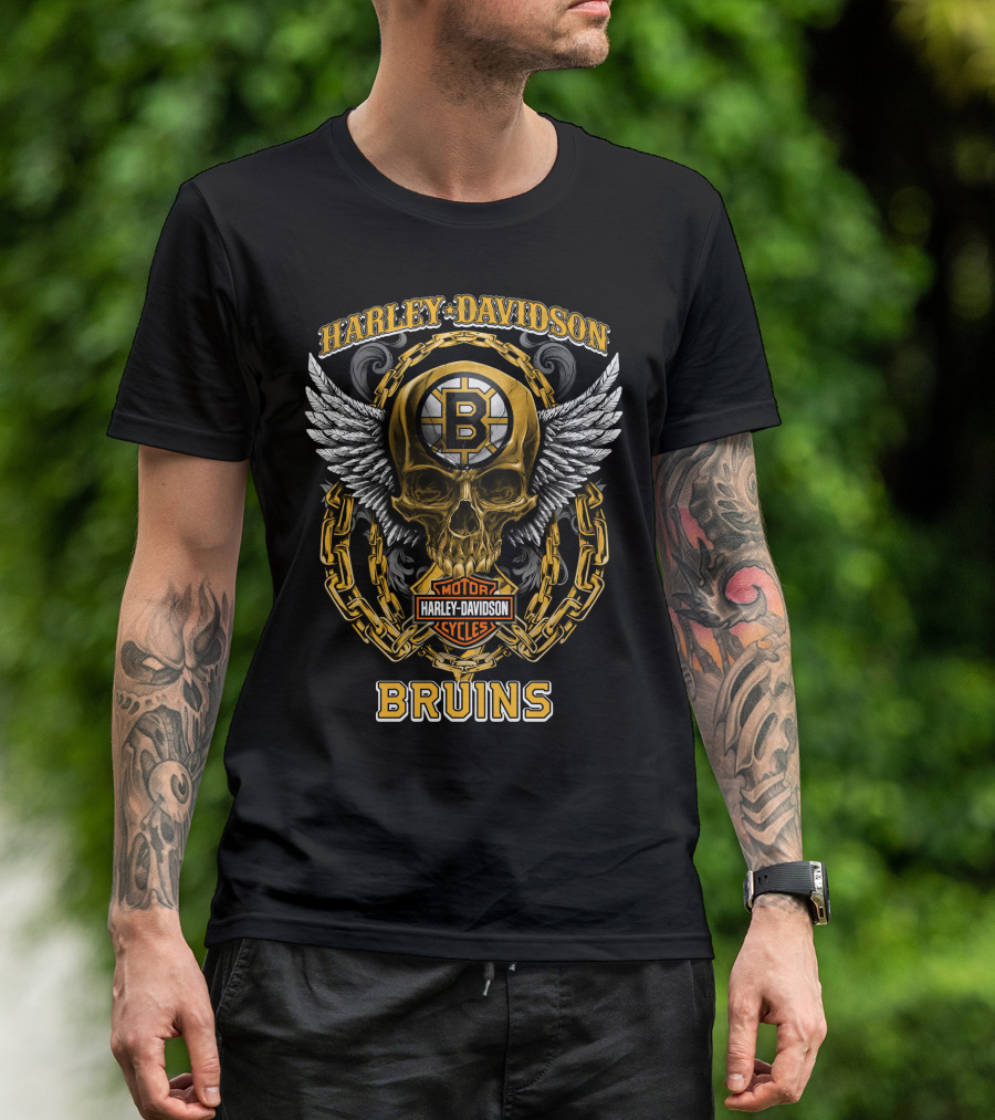 Harley Davidson Motorcycles Bruins Nhl Boston Bruins Skull Winged T-Shirt