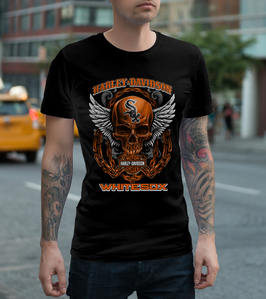 Harley Davidson Motor Cycles Skull Chain Wings Whitesox T-Shirt