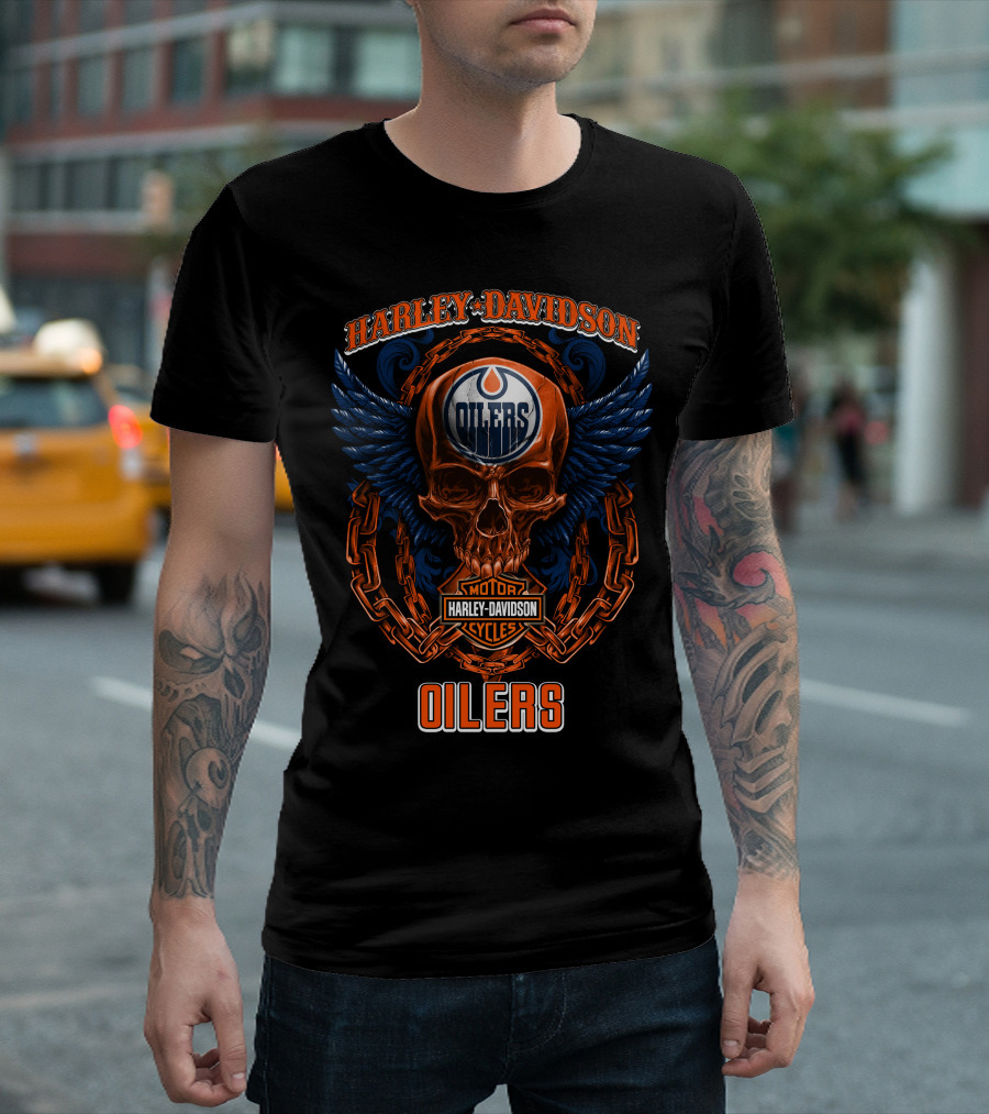Harley Davidson Nhl Edmonton Oilers Skull And Wings T-Shirt