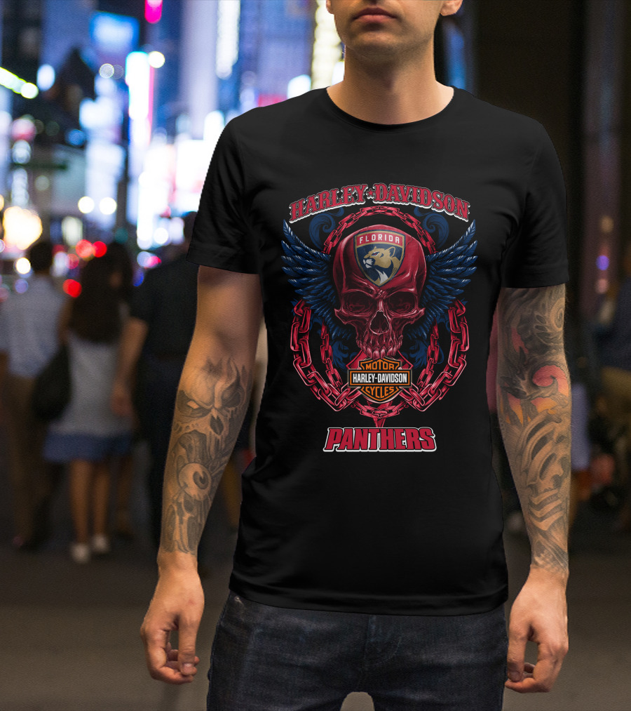 Harley Davidson Florida Panthers Motorcycles Nhl Winged Skull T-Shirt