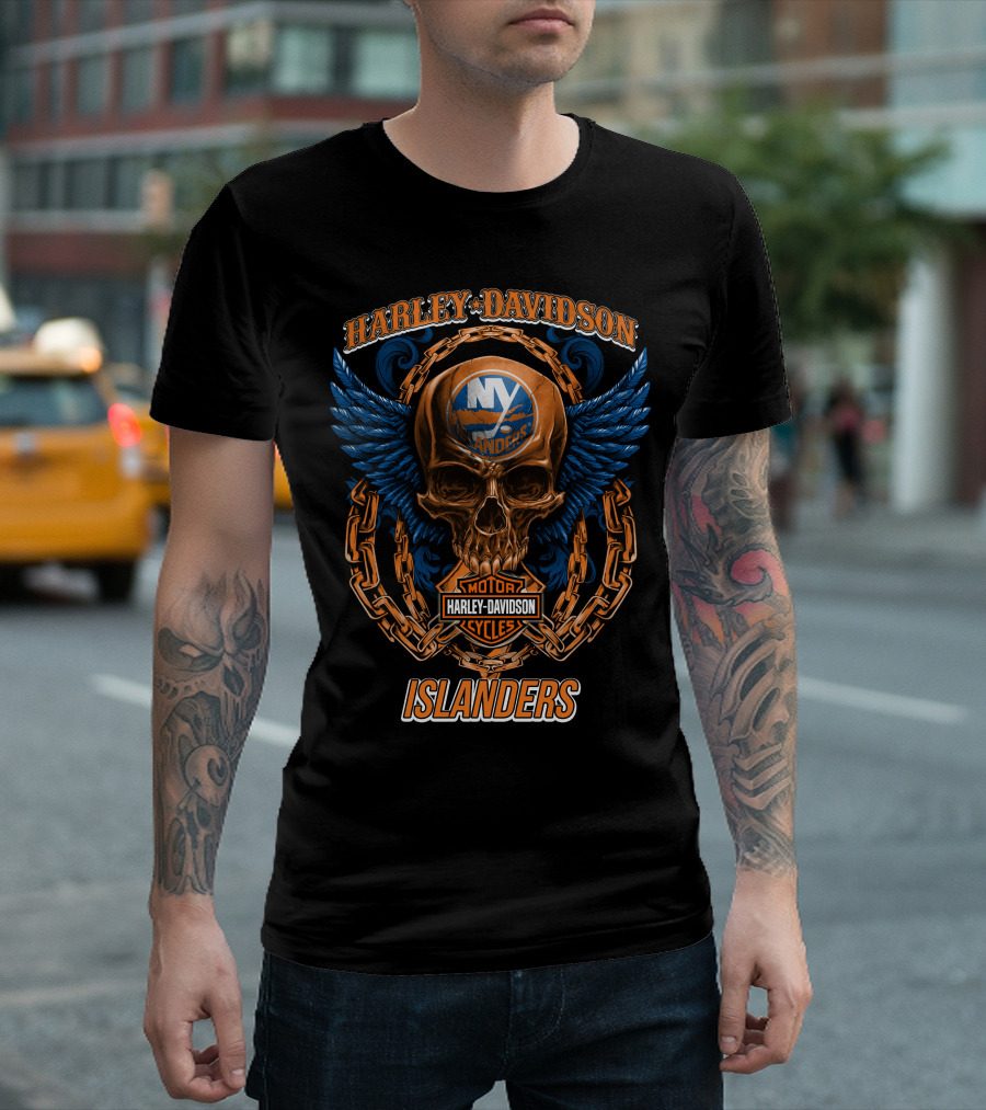 Harley Davidson Motor Cycles Islanders Skull Wings Chain Nhl New York Islanders T-Shirt