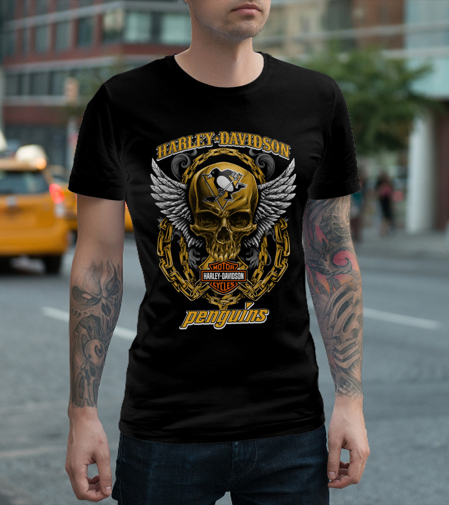 Harley Davidson Pittsburgh Penguins Nhl Skull Wings Chain T-Shirt