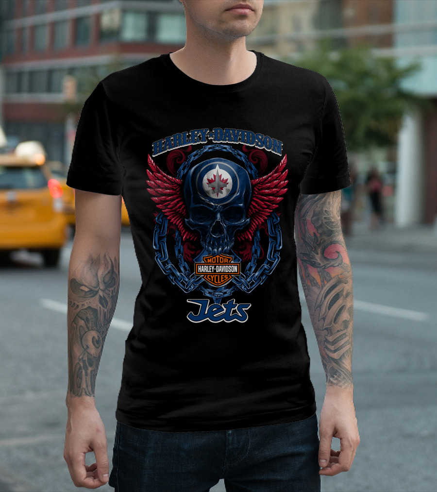 Harley Davidson Motor Cycles Nhl Winnipeg Jets Skull Wings T-Shirt