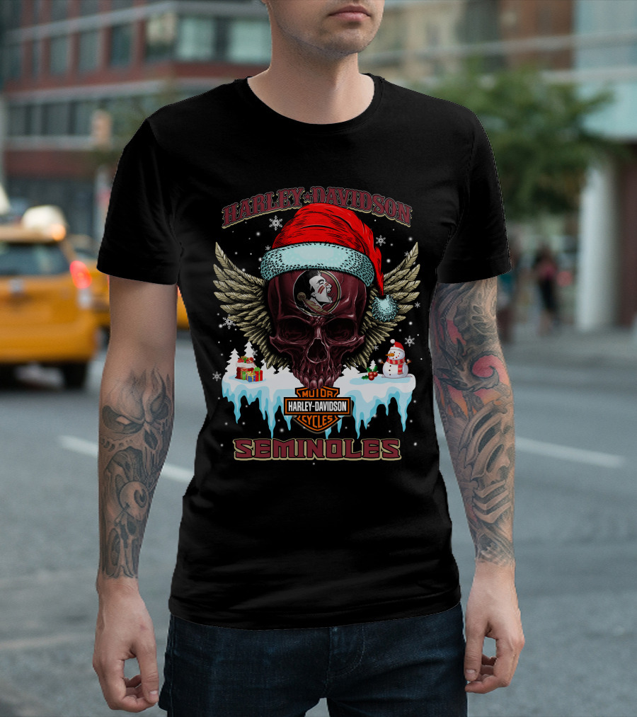 Harley Davidson Seminoles Christmas Skull With Wings And Santa Hat T-Shirt