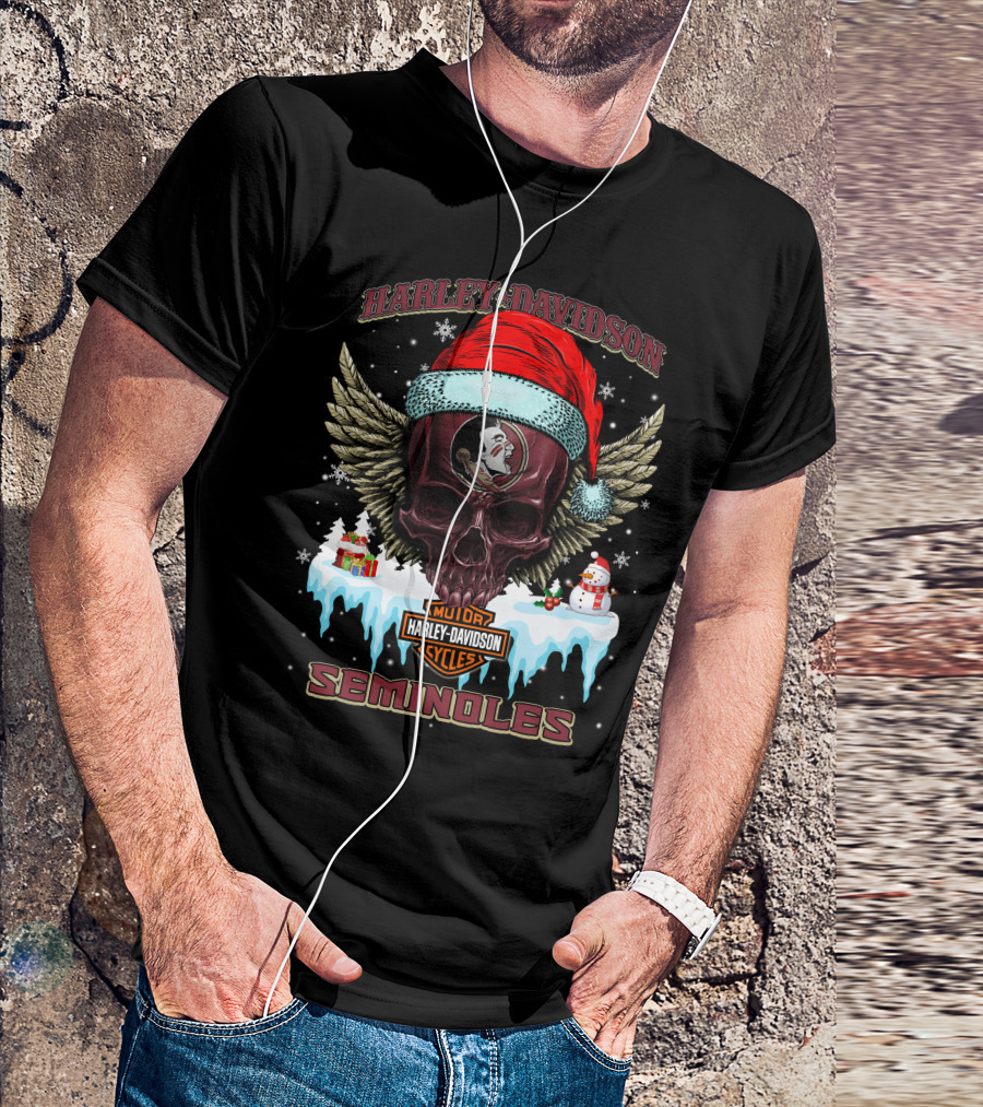 Harley Davidson Seminoles Christmas Skull With Wings And Santa Hat T-Shirt