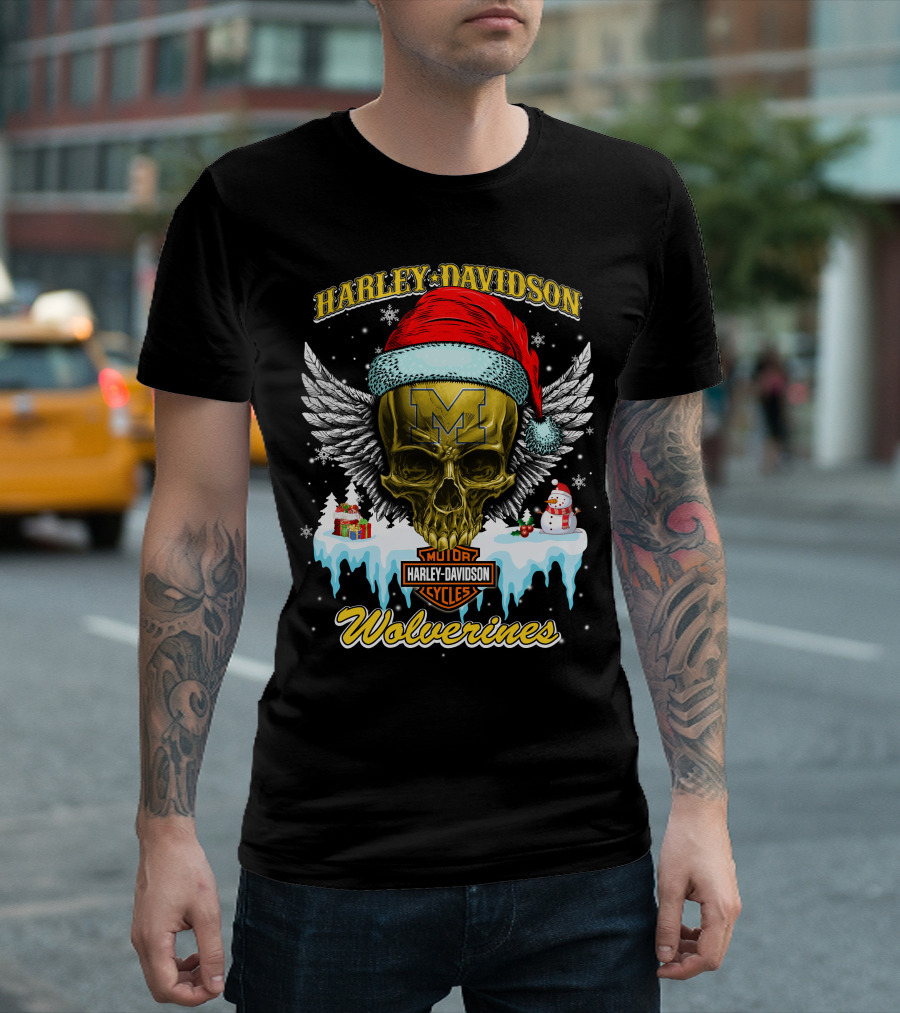 Harley Davidson Michigan Wolverines Skull Santa Hat Snowflake T-Shirt