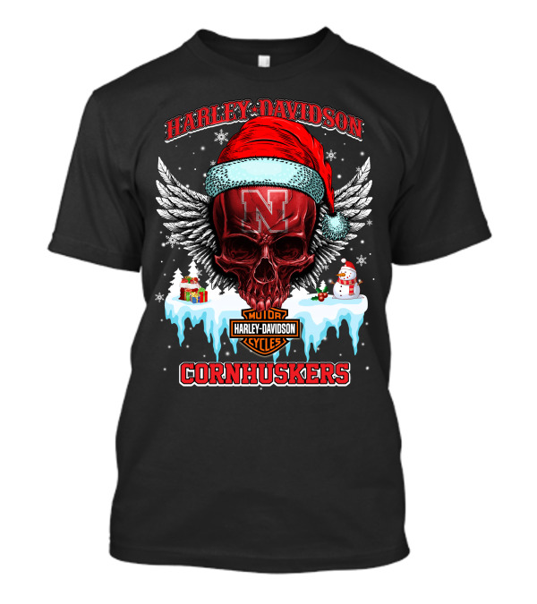 Harley Davidson Nebraska Cornhuskers Skull Santa Claus Wings Snowman T-Shirt