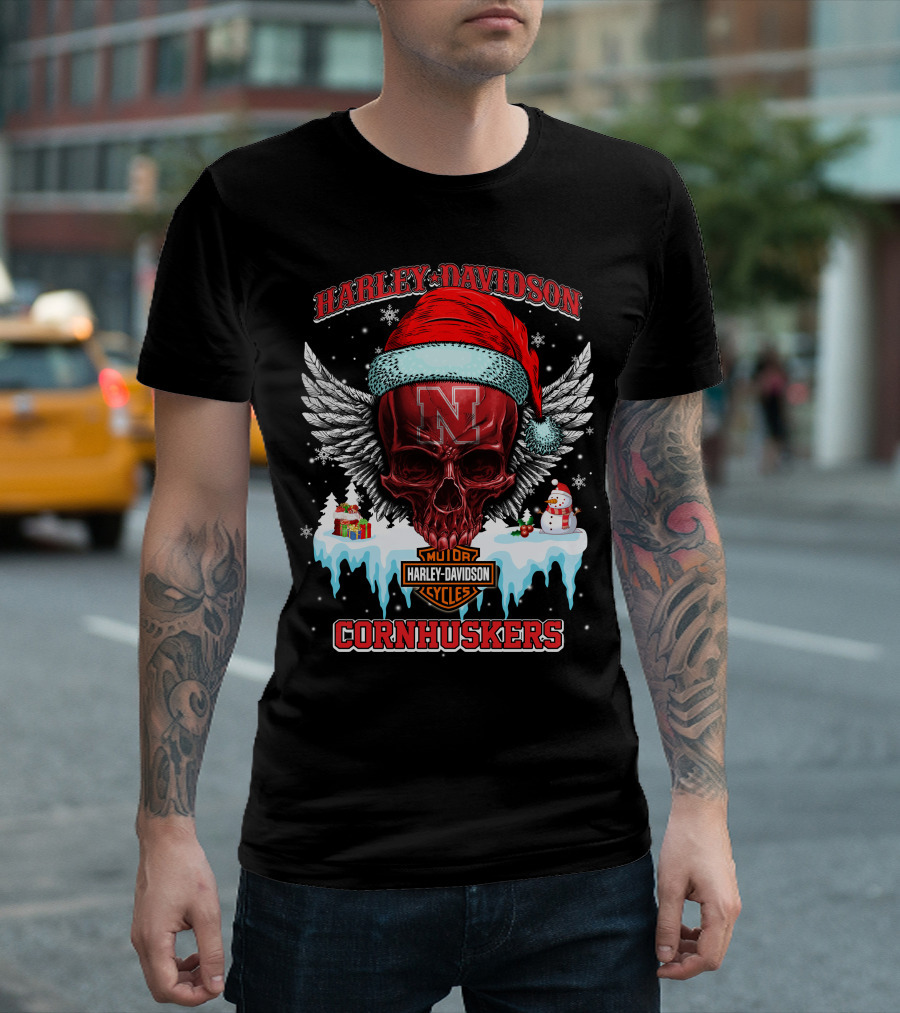 Harley Davidson Nebraska Cornhuskers Skull Santa Claus Wings Snowman T-Shirt