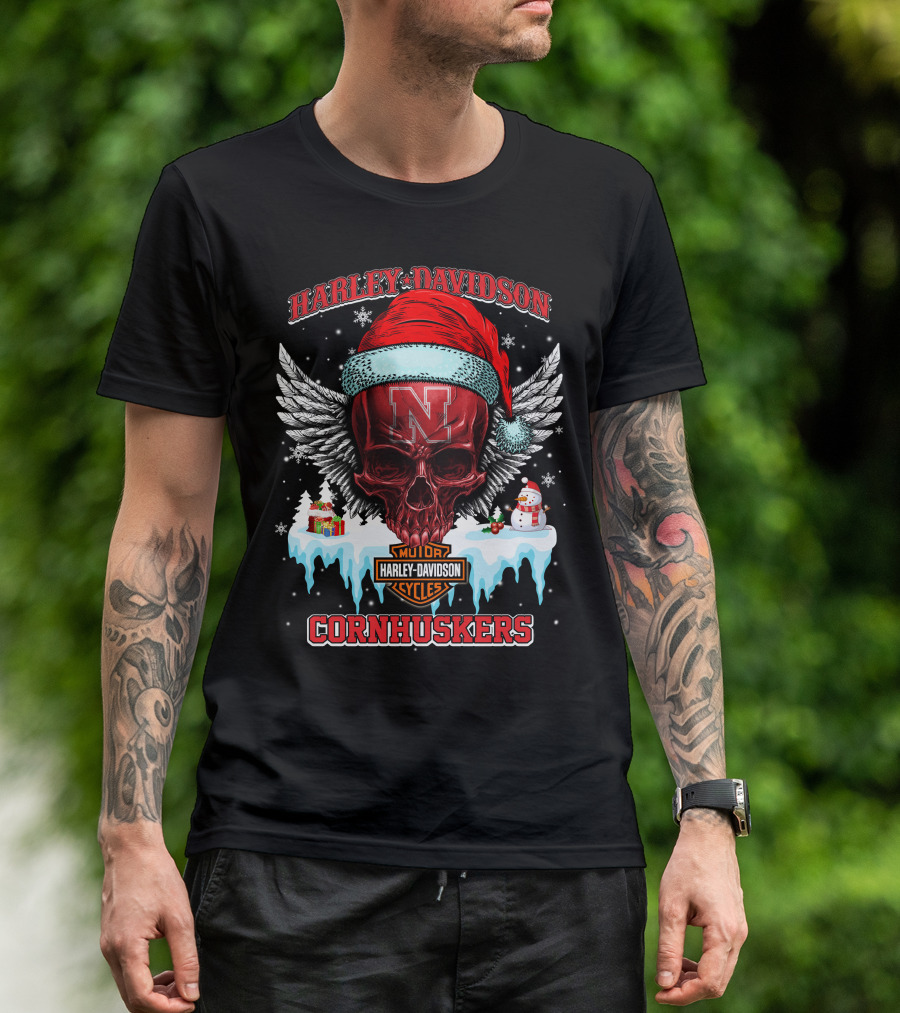 Harley Davidson Nebraska Cornhuskers Skull Santa Claus Wings Snowman T-Shirt