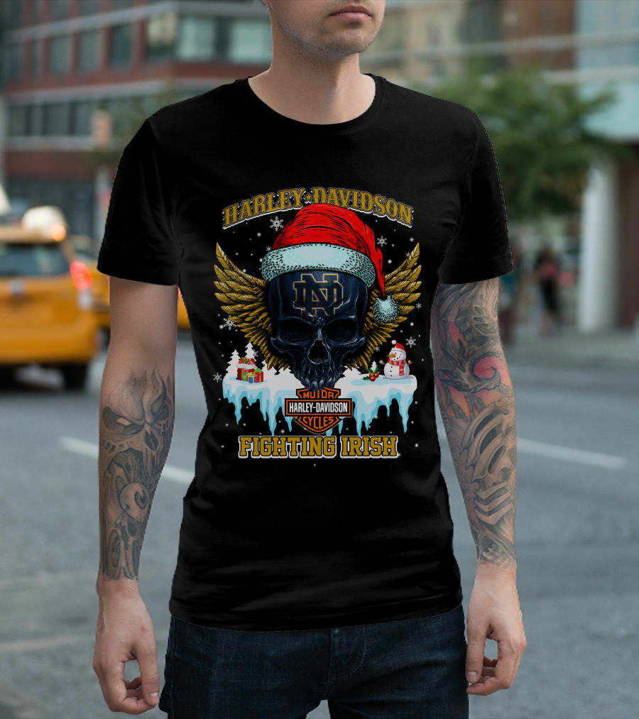 Harley Davidson Notre Dame Fighting Irish Santa Skull T-Shirt