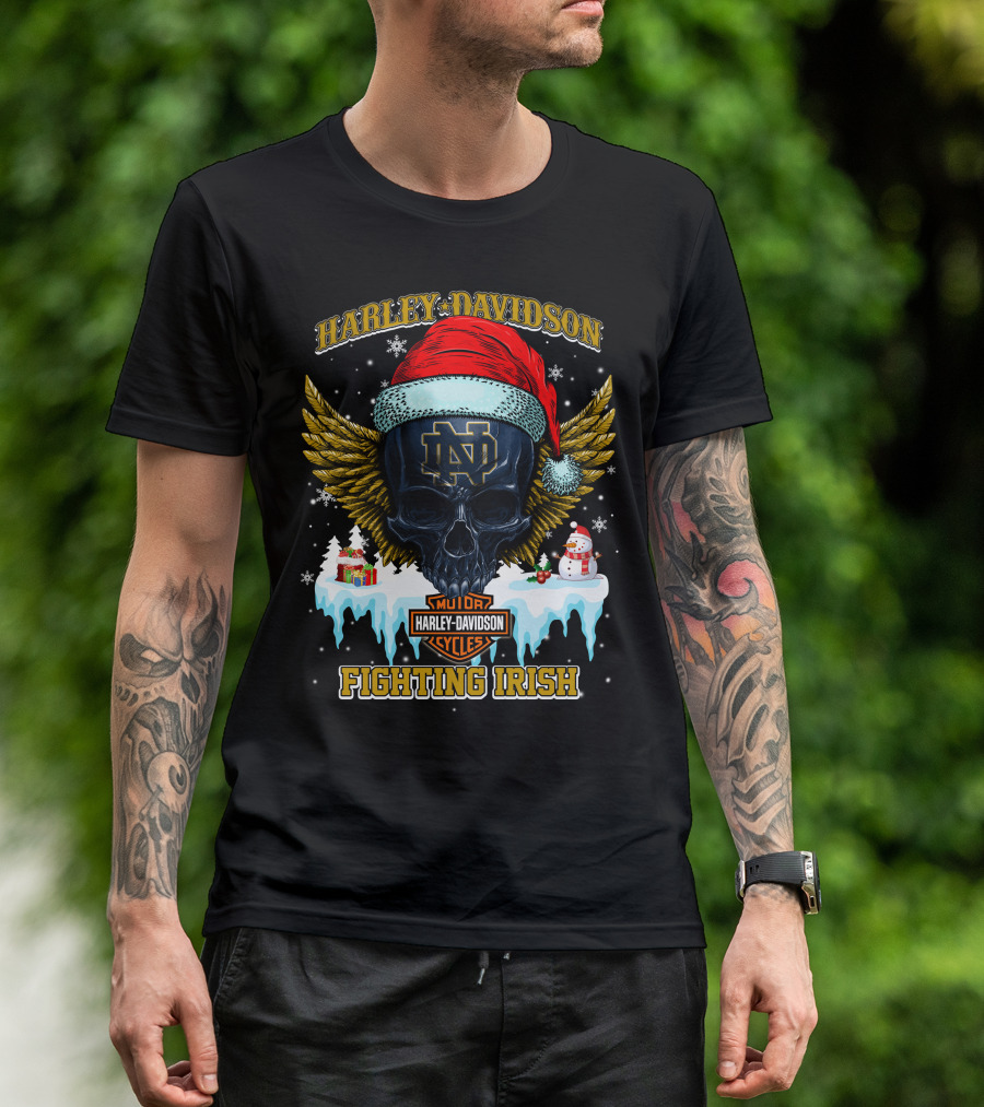 Harley Davidson Notre Dame Fighting Irish Santa Skull T-Shirt