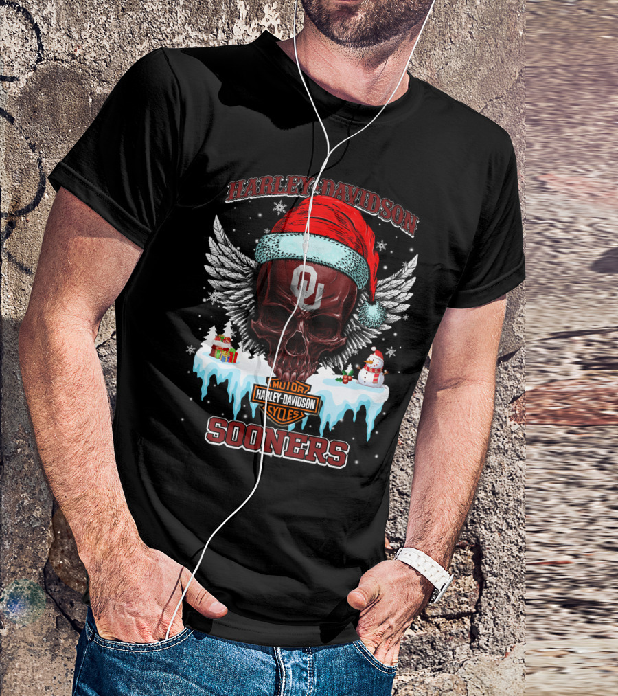 Harley Davidson Oklahoma Sooners Christmas Skull Wings T-Shirt
