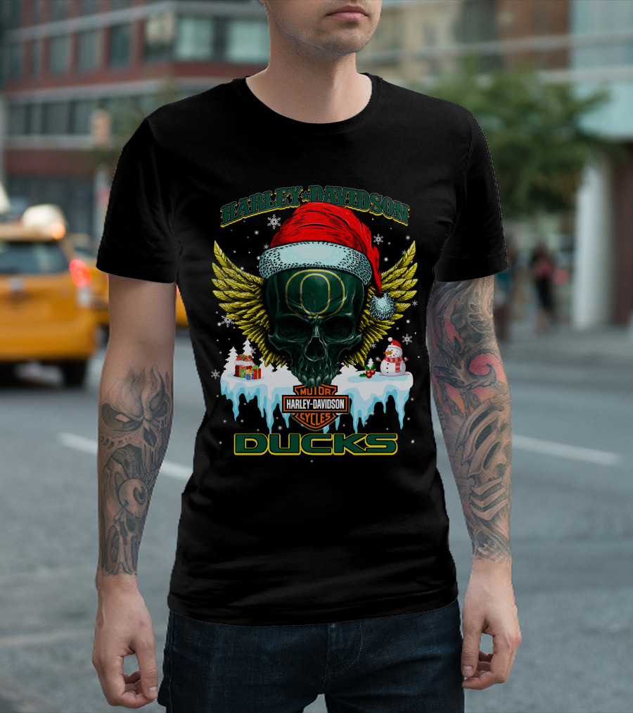 Harley Davidson Oregon Ducks Santa Skull Snowman Holiday T-Shirt