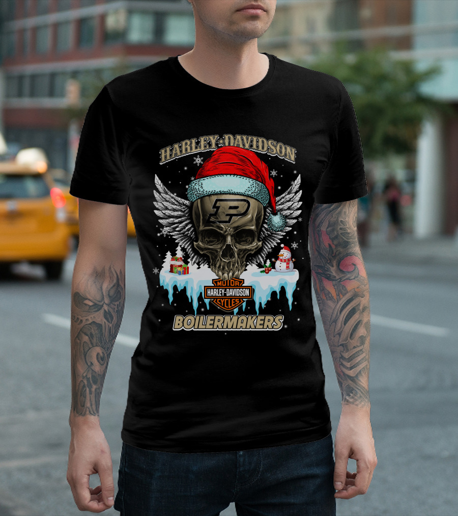 Harley Davidson Purdue Boilermakers Skull With Santa Hat And Snowflakes T-Shirt