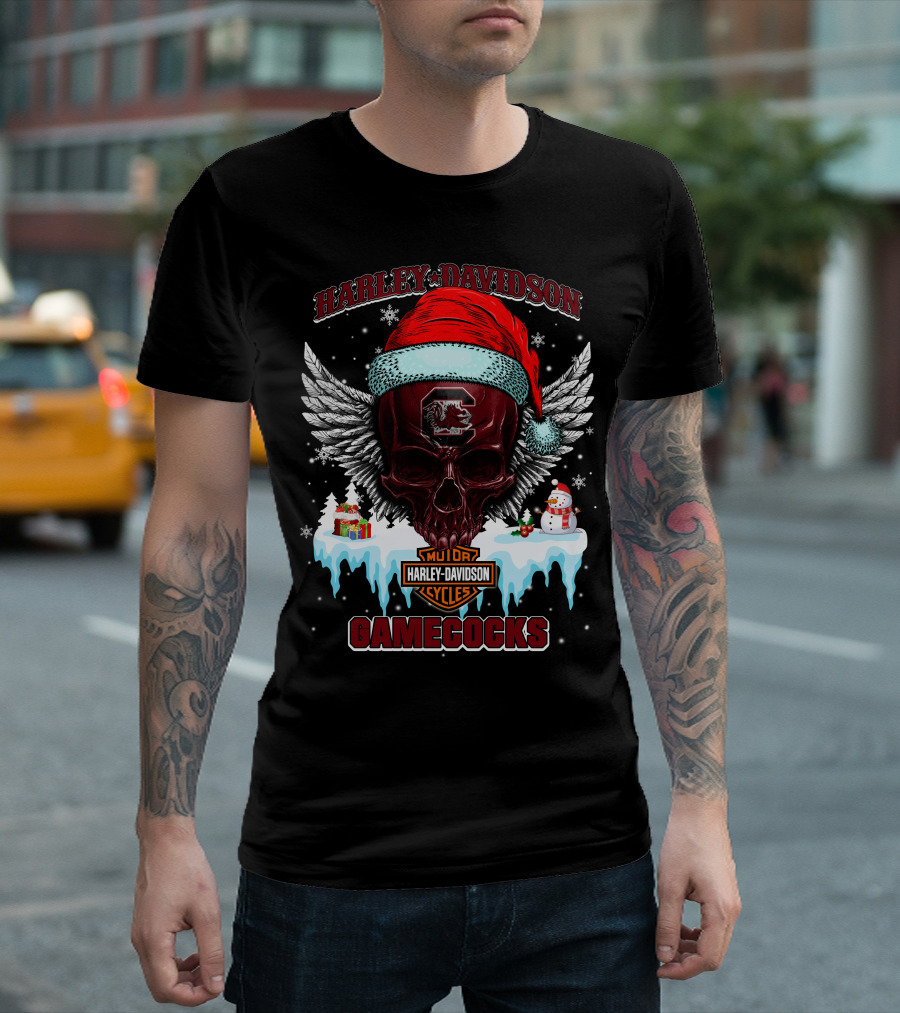 Harley Davidson Gamecocks Christmas Skull With Santa Hat And Snowman T-Shirt