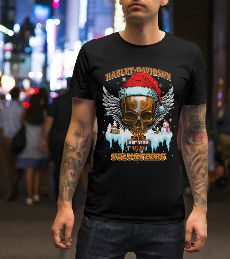 Harley Davidson Motor Cycles Tennessee Volunteers Santa Skull T-Shirt