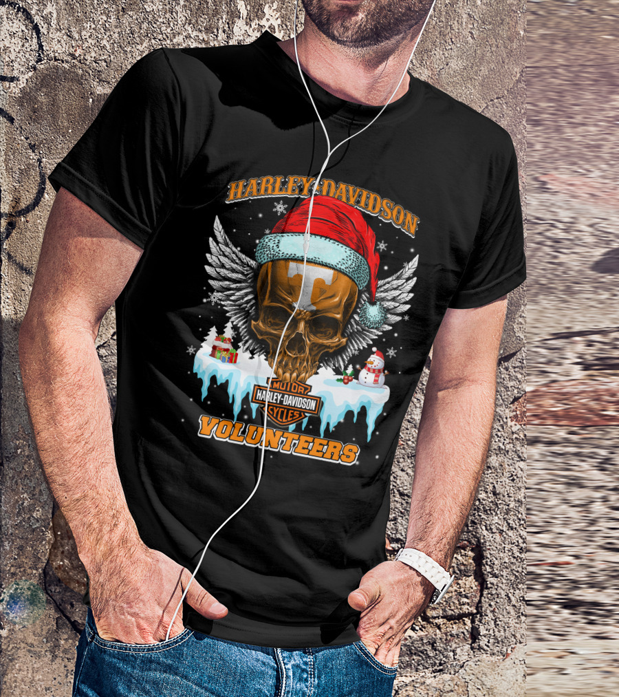 Harley Davidson Motor Cycles Tennessee Volunteers Santa Skull T-Shirt