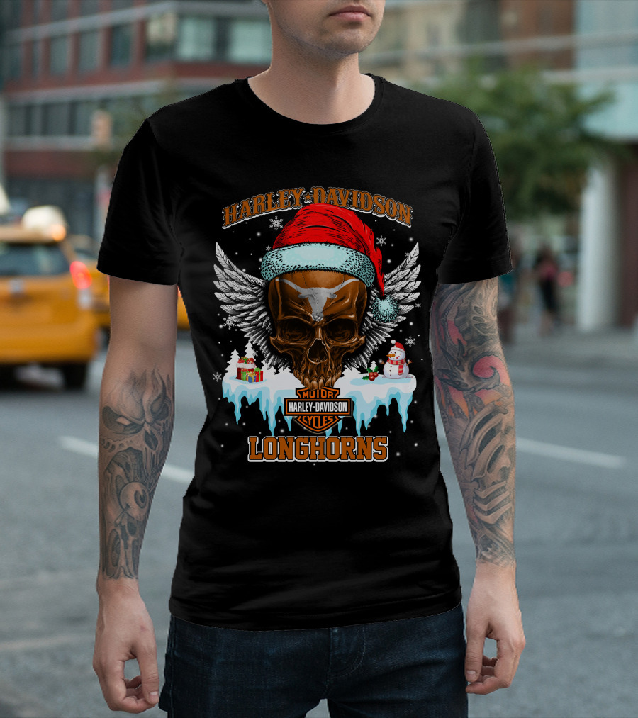 Harley Davidson Motor Cycles Longhorns Santa Skull Wings T-Shirt