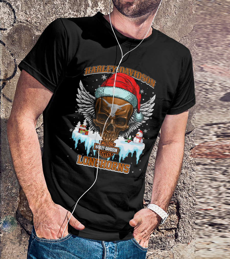 Harley Davidson Motor Cycles Longhorns Santa Skull Wings T-Shirt