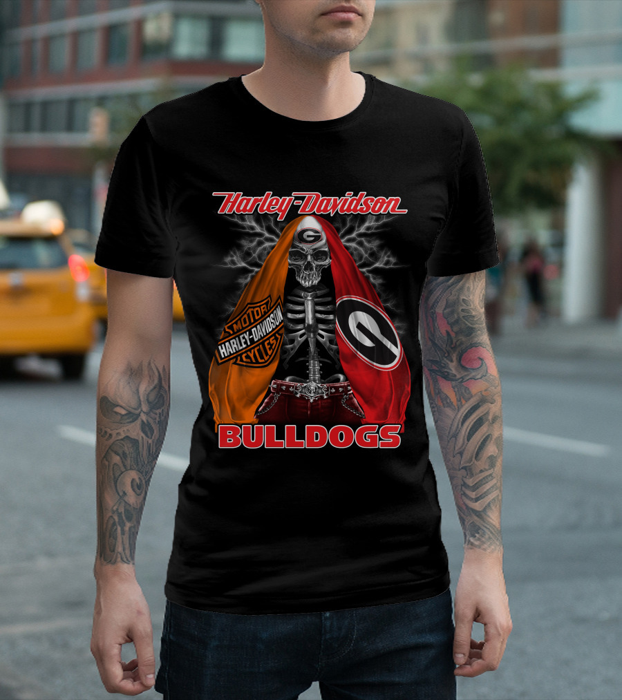 Harley Davidson Georgia Bulldogs Skeleton Lightning Motorcycles T-Shirt